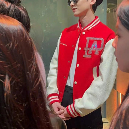 Broken Pearl Rhinestone Patchwork Leather Sleeve Baseball Jacket High Street Casual Loose Jacket Street Hip-hop Rock Fashion