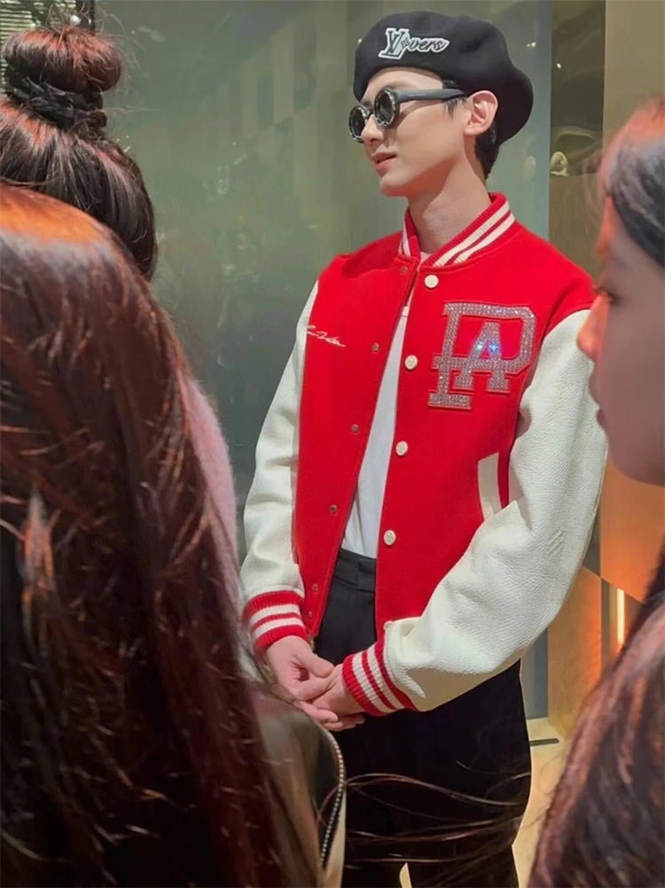 Broken Pearl Rhinestone Patchwork Leather Sleeve Baseball Jacket High Street Casual Loose Jacket Street Hip-hop Rock Fashion