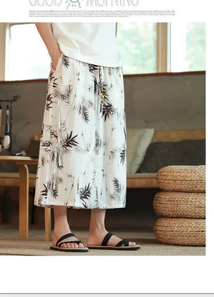 2024 pantaloni Casual da uomo con motivo a foglia di bambù in stile cinese tendenza moda pantaloni a