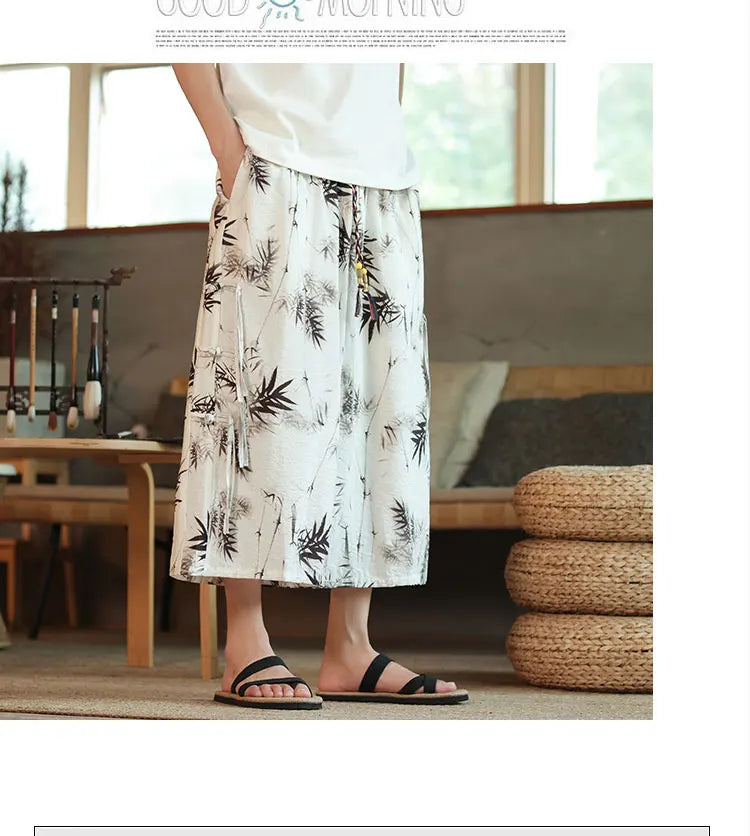 2024 pantaloni Casual da uomo con motivo a foglia di bambù in stile cinese tendenza moda pantaloni a