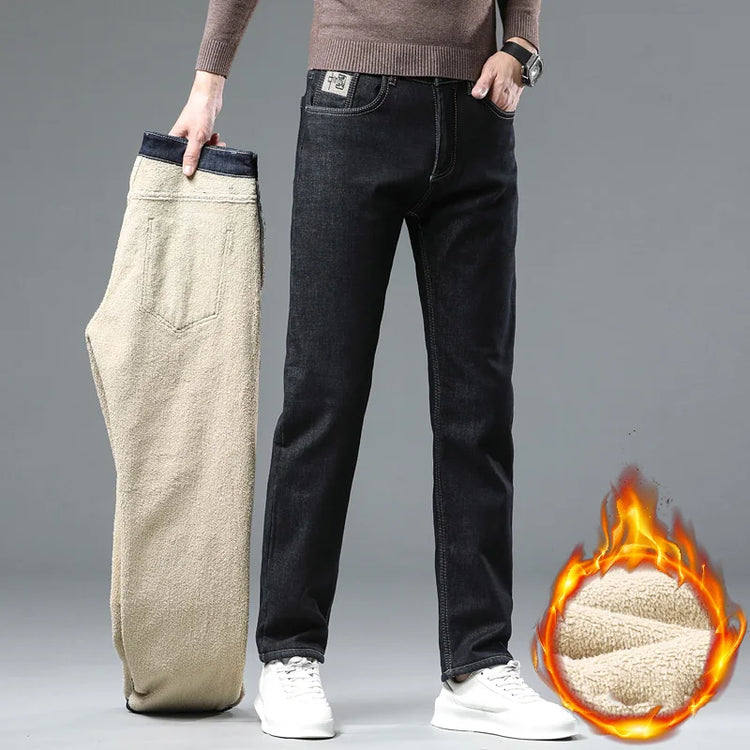 Winter Thermal Fleece Stretch Jeans Mens Business Casual Brand Fleece Pants Men Straight Flocking Thick Trousers Blue Black