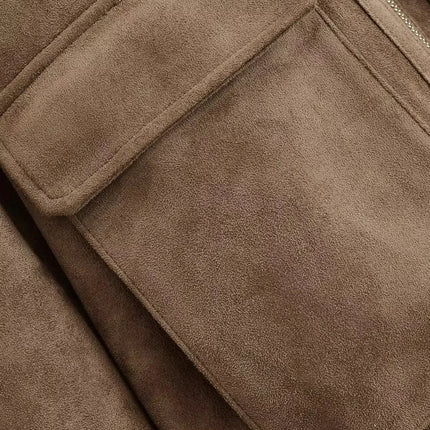 Ladies Short Vintage Faux Suede Autumn Winter Jacket Women Coat Stand-Collar Zip-up Field Trendy Streetwear Chic Jacket Female