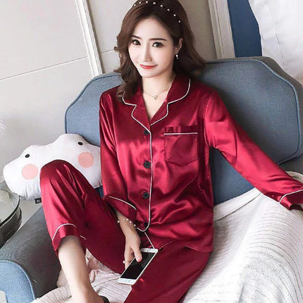 Pigiama da donna in raso accogliente set da salotto autunno manica lunga bottoni bavero top e pantaloni loungewear pigiama da 2 pezzi set pigiama abbottonato