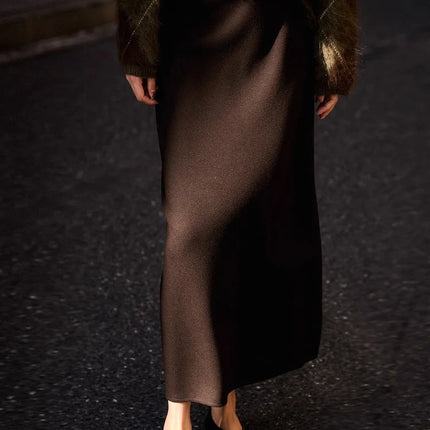 Birdtree Cashmere Silk Blended Skirt For Woman,Elastic Waist Long Skirts,Rear Slit,Commuting Style,2025 Autumn Winter D5N418JF PlatiNum