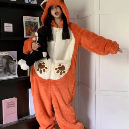 Girls Cartoon Bunny Kigurumi Onesie Pajamas Winter Thick Plush Fleece Hooded Jumpsuit Sleepwear Cute Bow Homewear Loungewear