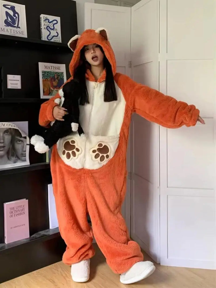 Girls Cartoon Bunny Kigurumi Onesie Pajamas Winter Thick Plush Fleece Hooded Jumpsuit Sleepwear Cute Bow Homewear Loungewear
