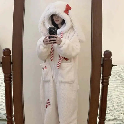 Kawaii Rabbit Bow One Piece Pajamas Women's Coral Velvet Hooded Sleepwear Thicken Winter Warm Sweet Cute Homewear Holiday Gift