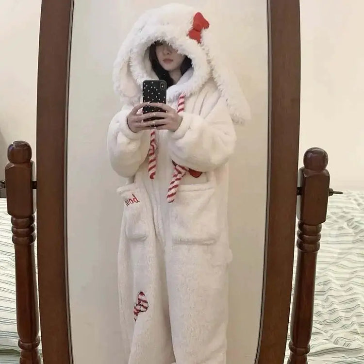 Kawaii Rabbit Bow One Piece Pajamas Women's Coral Velvet Hooded Sleepwear Thicken Winter Warm Sweet Cute Homewear Holiday Gift