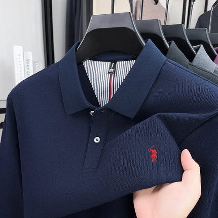 100% pure cotton autumn and winter men's sports fashion brand embroidered pony long-sleeved POLO business casual T-shirt