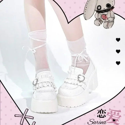 Sweet Heart-Shaped Buckle Lolita High Heels Pump Shoes for Women Y2k PU Leather Waterproof Platform Mary Janes Shoes PlatiNum