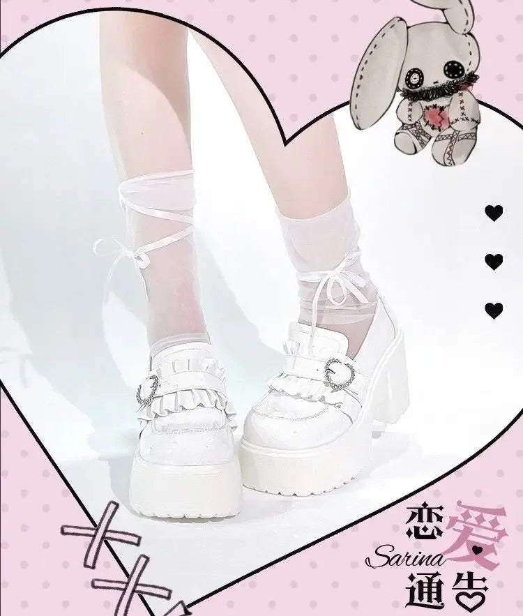 Sweet Heart-Shaped Buckle Lolita High Heels Pump Shoes for Women Y2k PU Leather Waterproof Platform Mary Janes Shoes PlatiNum