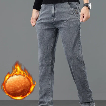 Thick Warm Slim Fleece Jeans Men's Winter New Business Stretch Velvet  Trousers Korean Gray Plush Denim Pants Male