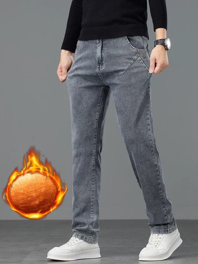 Thick Warm Slim Fleece Jeans Men's Winter New Business Stretch Velvet  Trousers Korean Gray Plush Denim Pants Male