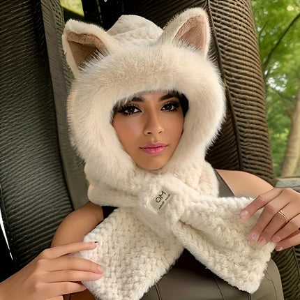 1Pc Women Cat Ear Pom‑Pom Beanie Hat, Soft Fleece‑Lined Winter Cute Animal‑Themed Festival Cap for Christmas Gifts