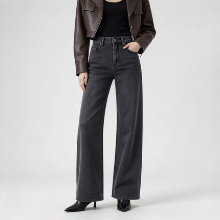 Women’s high-waisted, wide-leg jeans in smoky grey with a uniform wash; elegant, minimalist, relaxed-fit wide-leg denim, suitable for casual office wear and everyday outings FX-1338-5
