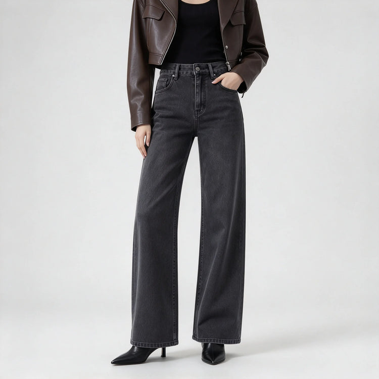Women’s high-waisted, wide-leg jeans in smoky grey with a uniform wash; elegant, minimalist, relaxed-fit wide-leg denim, suitable for casual office wear and everyday outings FX-1338-5