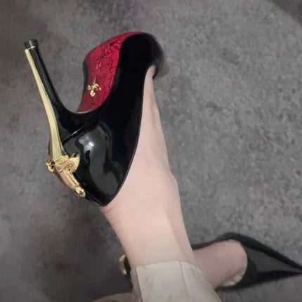 Nuovi tacchi alti con suola rossa per donna, primavera anticipata, tacchi sottili, punta a lama metallica, sexy, scarpe singole in pelle verniciata nera platinumshop