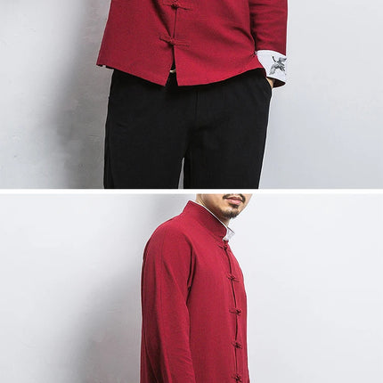 Nuovo gru ricamo top abbigliamento tradizionale cinese per uomo camicie vintage in lino a mezza manica colletto Madarin solido Hanfu Kungfu