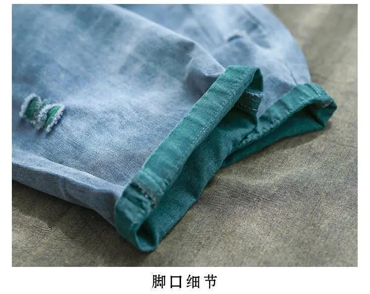 Jeans Strappati a Nove Punti da Donna, Nuovi Pantaloni Harem Casual Sottili con Vita Elastica, Lunghi alla Caviglia, in Denim, per l'Estate 2026