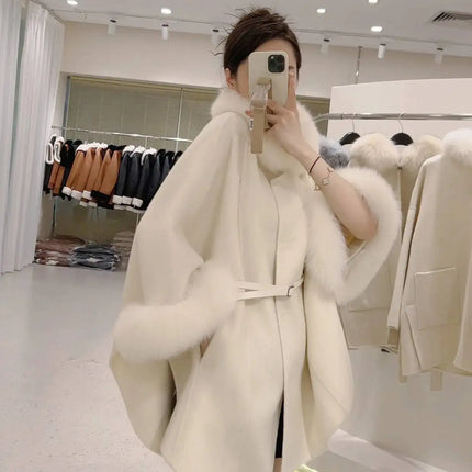 UCXQ Korean Style Two Sided Cloak Overcoat For Women Fur Collars Belt Loose Long Coats 2025 Winter New 23Z2284