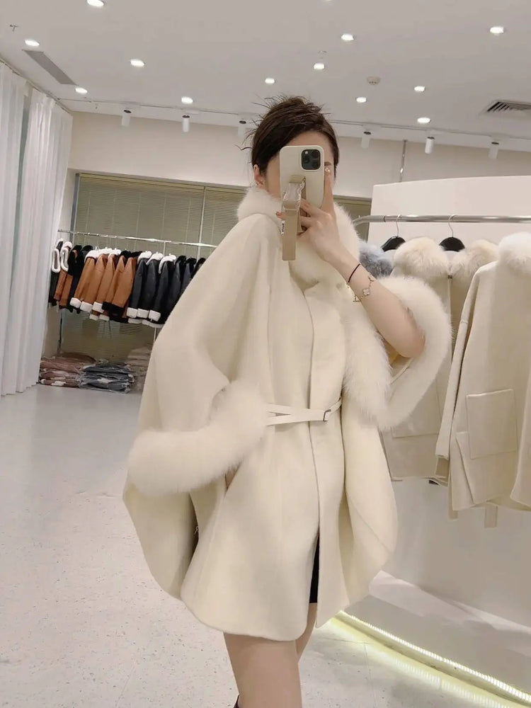 UCXQ Korean Style Two Sided Cloak Overcoat For Women Fur Collars Belt Loose Long Coats 2025 Winter New 23Z2284