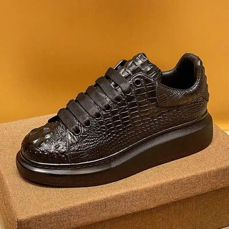 Trend crocodile print black men's breathable shoes running casual sports board shoes natural cowhide soft sole shoes