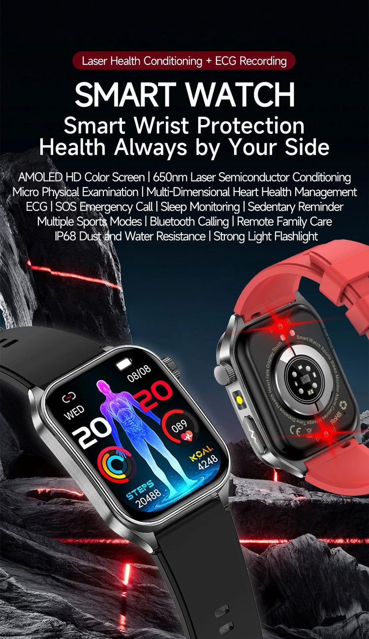 2026 Nuovo 650nm Terapia Laser Grassi nel sangue Acido urico Pressione sanguigna Smart Watch ECG + PPG Preciso Monitor di salute Smartwatch per gli uomini platinumshop