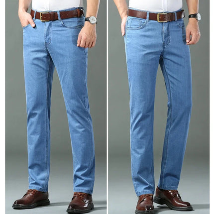 New Ice Silk Thin Denim Jeans for Men Blue Straight Stretch Cotton Denim Pant Business Casual Lightweight Trousers Spring Summer