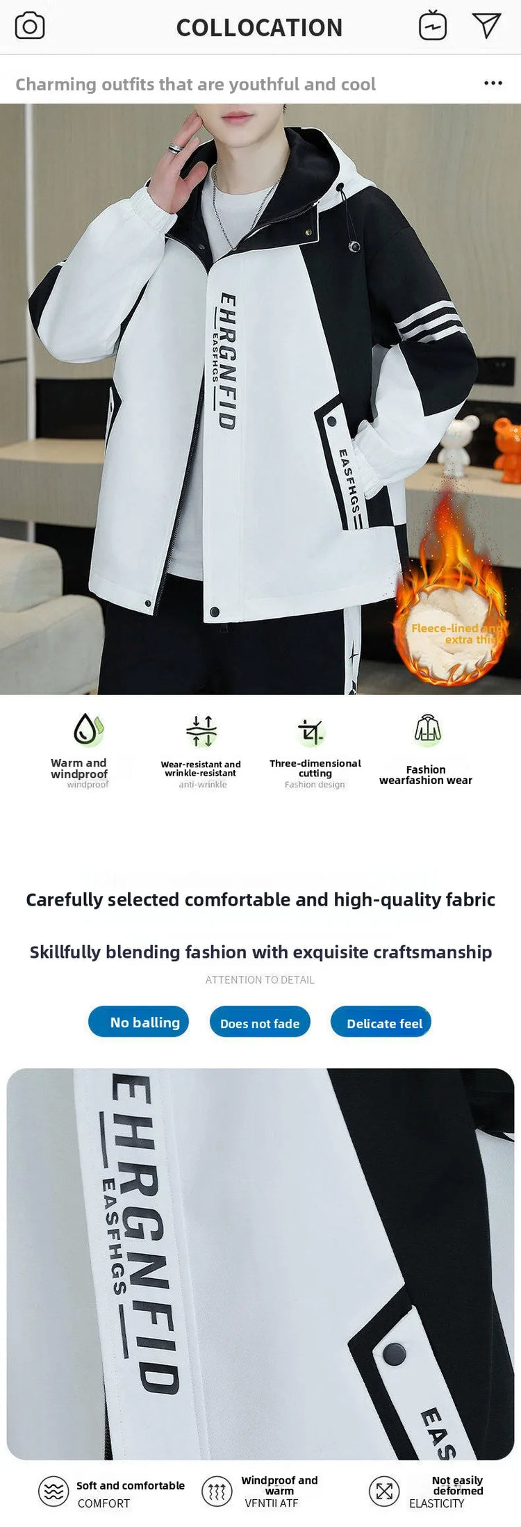 Spring Autumn Men's Hooded Jacket Loose Versatile Trendy Color Block Fashion Outerwear Windproof Thickened Long Sleeve Zipper