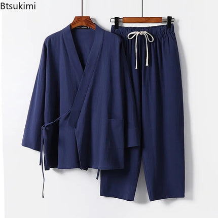 2025 Men's Summer Cotton Linen Two Pieces Chinese Style Lace Up Kimono Tops+Pants Casual Suit Male Vintage Hanfu Tang Suit M-9XL PlatiNum