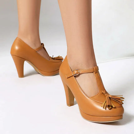 NASBAVI Fashion Female Pumps Round Toe Chunky Heels 9cm Platform 1.5cm Buckle T-Strap Tassels Plus Size 46 47 48 Sexy Shoes PlatiNum