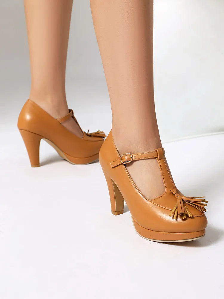 NASBAVI Fashion Female Pumps Round Toe Chunky Heels 9cm Platform 1.5cm Buckle T-Strap Tassels Plus Size 46 47 48 Sexy Shoes PlatiNum