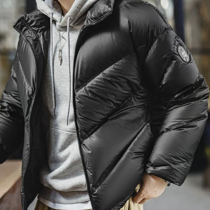 Maden Men's 90% White Duck Down Jacket Black Stand Collar Short Quilted Puffer Jacket Thermal Coat for Winter Streetwear