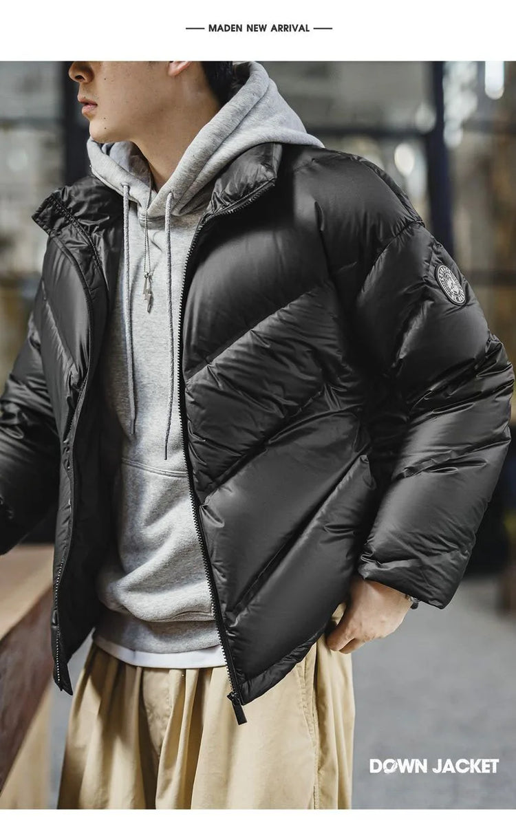 Maden Men's 90% White Duck Down Jacket Black Stand Collar Short Quilted Puffer Jacket Thermal Coat for Winter Streetwear