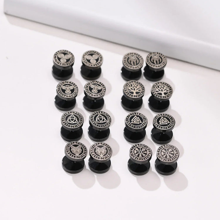 Orecchini a bottone con rune vichinghe norvegesi gotiche per uomo Ragazzi Rock Punk Acciaio inossidabile Testa di lupo Bussola Nodo celtico Orecchini neri Regalo platinumshop