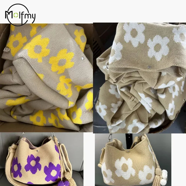 Borsa a tracolla da donna in stile boho, realizzata a mano con lavorazione all'uncinetto, decorata con fiori, cordoncino, occhielli metallici e nappe floreali, ideale per l'uso quotidiano, la spiaggia e le attività all'apert