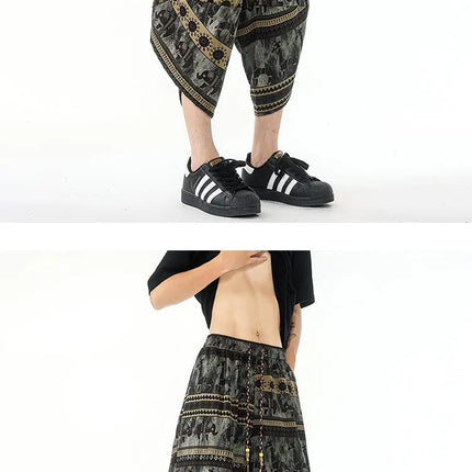 Pantaloncini estivi con stampa da spiaggia, pantaloni casual leggeri e traspiranti, pantaloni larghi alla moda da uomo, pantaloni comodi a lunghezza polpaccio per uomo