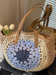 Borsa di paglia estiva rotonda con borsa a tracolla da spiaggia con chiusura a cerniera con collisione di colore borsa da spiaggia in tessuto grande borsa da viaggio per le vacanze
