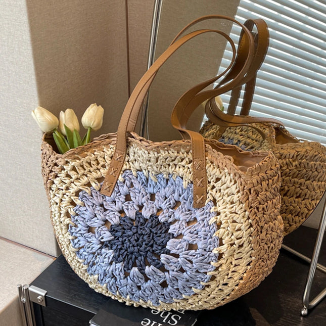 Round Summer Straw Bag with Color Collision Zipper Beach Crossbody Bag Large Woven Beach Bag Travel Vacation Bag