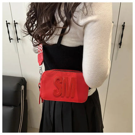 Chic SM Letter Camera Bags, Stylish Women’s Crossbody Small Square Purses with Wide Patterned Straps, Perfect for Daily Casual PlatiNum
