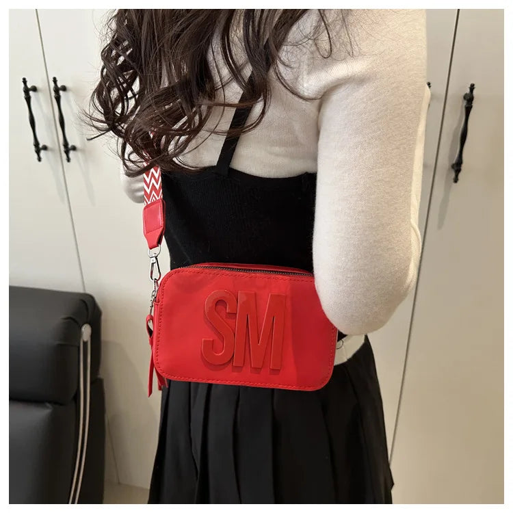 Chic SM Letter Camera Bags, Stylish Women’s Crossbody Small Square Purses with Wide Patterned Straps, Perfect for Daily Casual PlatiNum