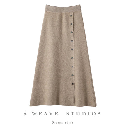 Women 100% Cashmere Skirts Office Lady Autumn Winter Knitted High Waist A-Skirt Graceful Long Warm front-open skirt with buttons PlatiNum