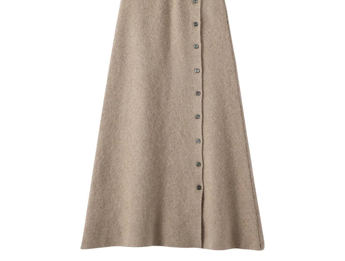 Women 100% Cashmere Skirts Office Lady Autumn Winter Knitted High Waist A-Skirt Graceful Long Warm front-open skirt with buttons PlatiNum
