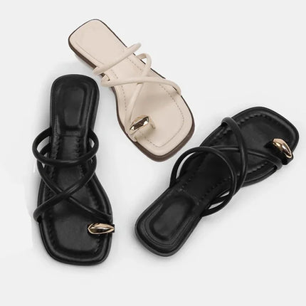Sandali da donna eleganti con cinturino incrociato, comodi e leggeri, con passante per il dito, scarpe da spiaggia dal design casual a tinta unita per l'estate