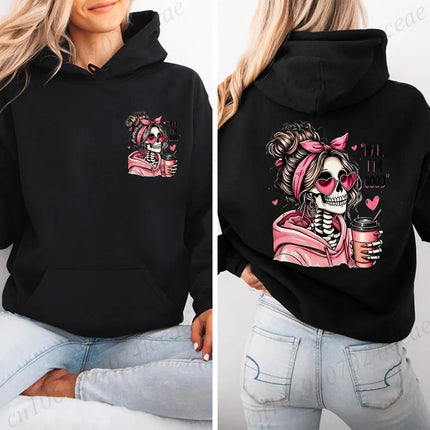 Funny Hip Hop Streetwear Fashion Gothic Hoodies Long Sleeve Vintage Sweatshirts Skeleton Love Coffee Graphic Women's Sportwear