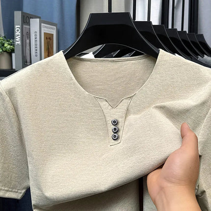 2025 New Men's Business Casual Three Button V-neck Short Sleeved T-shirt Korean Style Summer Comfortable Versatile Top PlatiNum