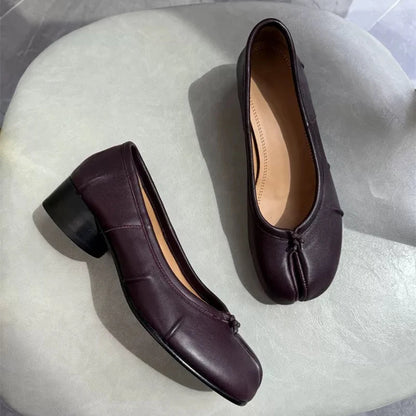 Roundtoe midheel shoes Womens Genuine leather High heels Sheepskin Pleated Tibi splittoe shoes Women Mary Jane shoes Designer