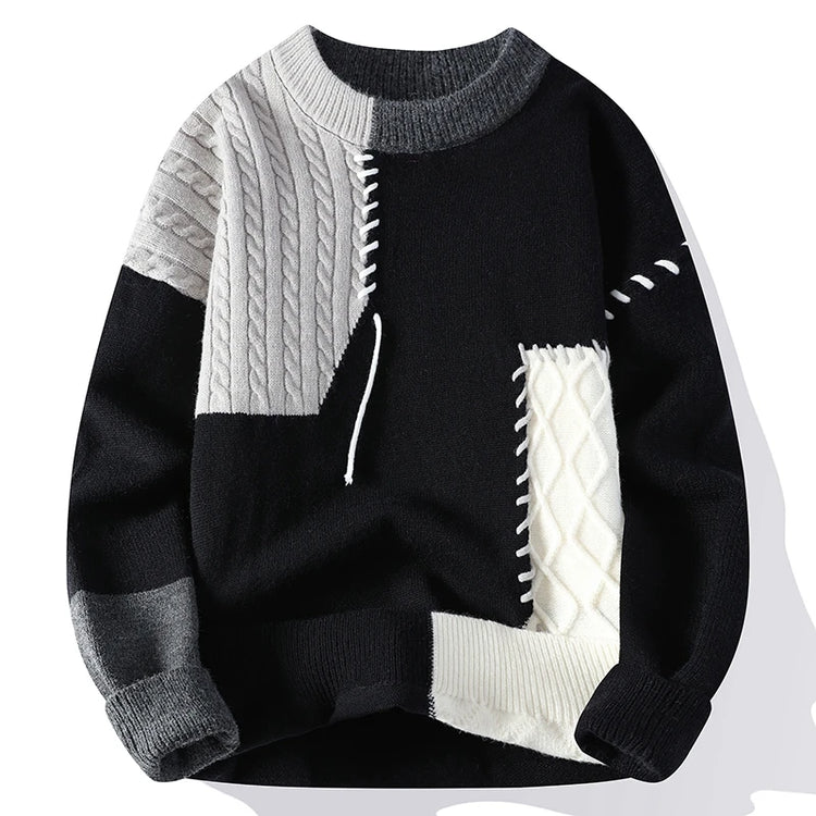 2025 New Patchwork Sweater Trend High Street Fashion Autumn and Winter Warm Men's Top Hip-hop Street Clothing