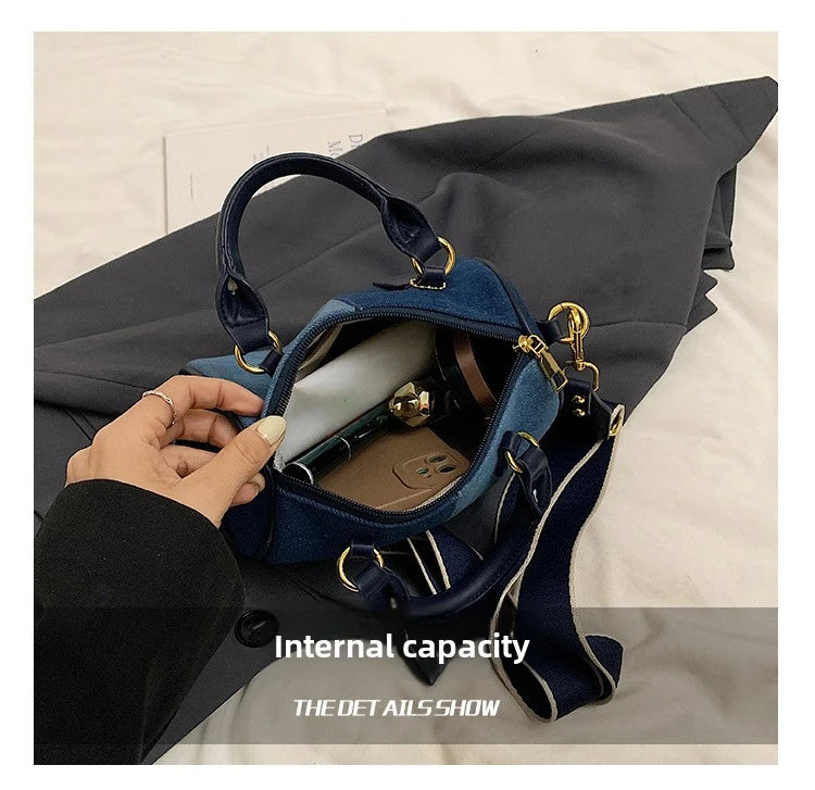 Patchwork Colorblock Mini Handbags For Women Denim Shoulder Cross Body Bags Casual Street Small Boston Bag 2025 Designer Purses PlatiNum