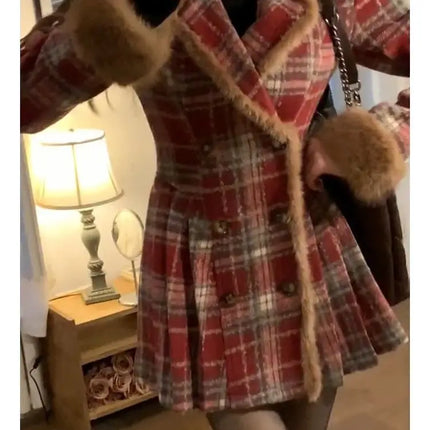Women's Double Breasted Plaid Coat, Woolen Jacket , V-Neck, Loose Tops, Female Clothes, Sweet, New, Autumn, Winter